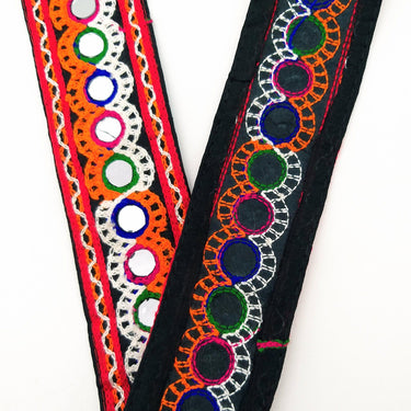 Black Cotton Fabric Trim with Multicolor Embroidery and Real Mirror, Kutch Embroidery Trim, Mirror Lace